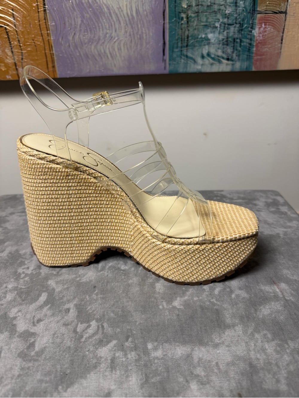 Brand New Jessica Simpson Clear Strap Wedge Sandals in Natural Size 10 - Picture 5 of 16